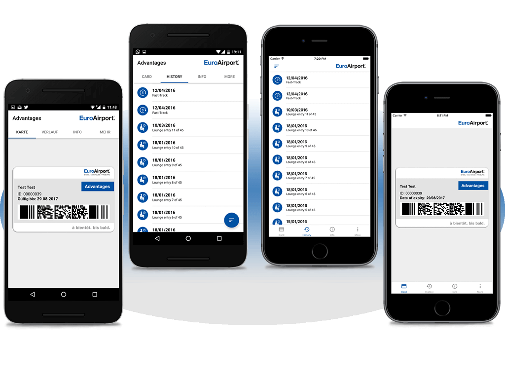 The Advantage App for Android and iOS showing the loyalty card and the history of already booked services