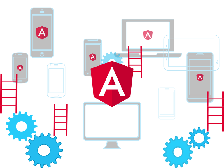 Angular logo with different devices in the background